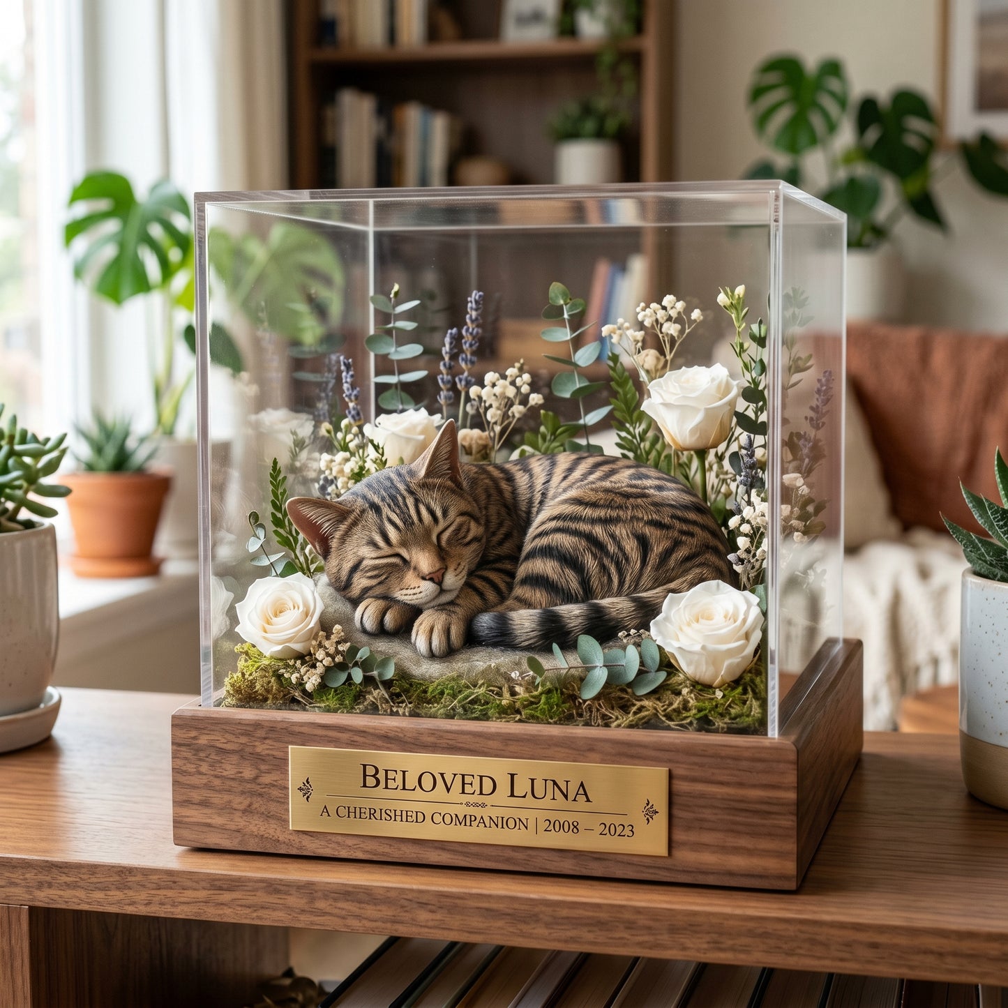 🐶🐱Custom 3D Printed Pet Memorial Sculpture in Acrylic Display Box 🎁|Personalized Sleeping Dog/Cat Keepsake with Floral Arrangement & Engraved Nameplate.Thoughtful Pet Sympathy Gift-8SA8