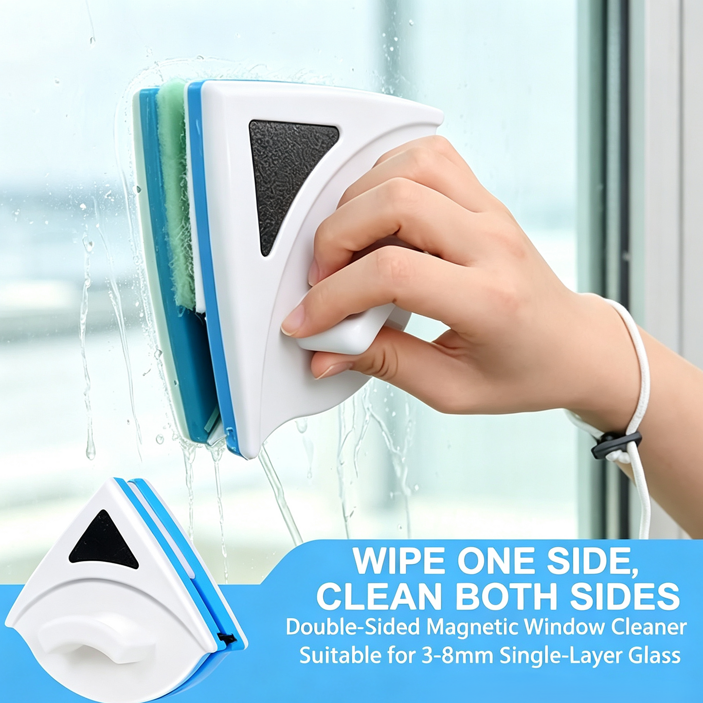 Dual-Sided Magnetic Window Cleaner | Clean Inside & Outside Glass In One Swipe, Safe High-Rise Wiper with Anti-Drop Rope-8HJ9