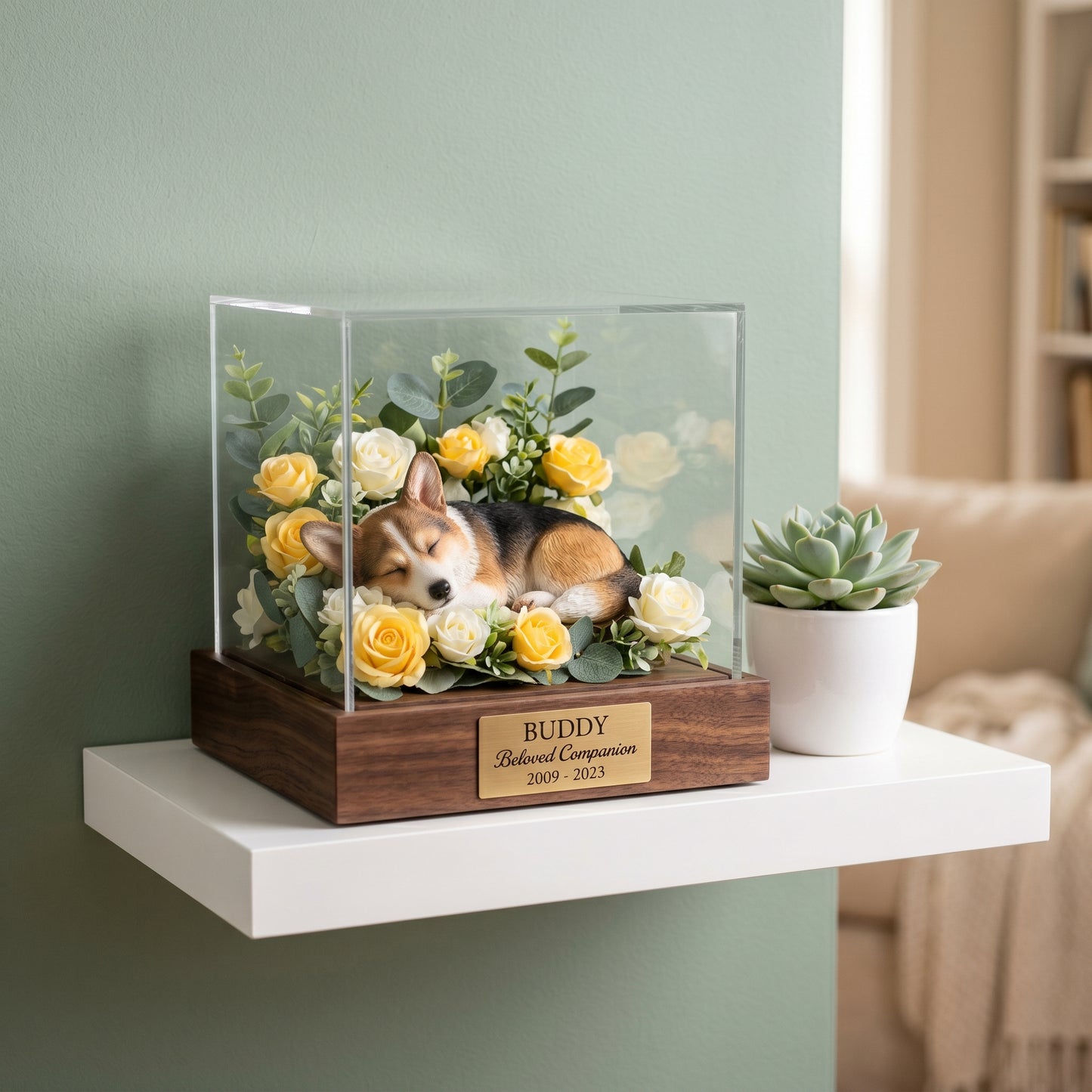 🐶🐱Custom 3D Printed Pet Memorial Sculpture in Acrylic Display Box 🎁|Personalized Sleeping Dog/Cat Keepsake with Floral Arrangement & Engraved Nameplate.Thoughtful Pet Sympathy Gift-8SA8