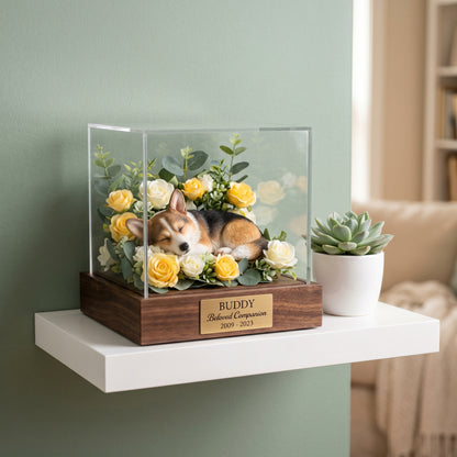 🐶🐱Custom 3D Printed Pet Memorial Sculpture in Acrylic Display Box 🎁|Personalized Sleeping Dog/Cat Keepsake with Floral Arrangement & Engraved Nameplate.Thoughtful Pet Sympathy Gift-8SA8