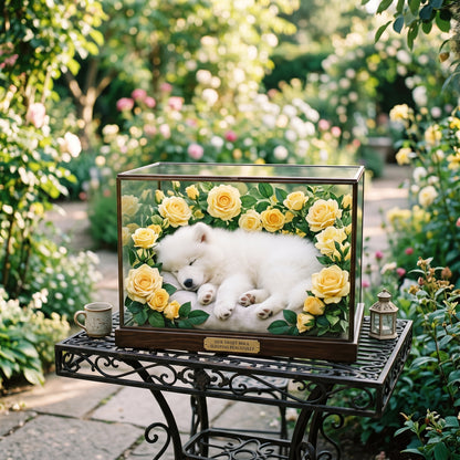 🐶🐱Custom 3D Printed Pet Memorial Sculpture in Acrylic Display Box 🎁|Personalized Sleeping Dog/Cat Keepsake with Floral Arrangement & Engraved Nameplate.Thoughtful Pet Sympathy Gift-8SA8