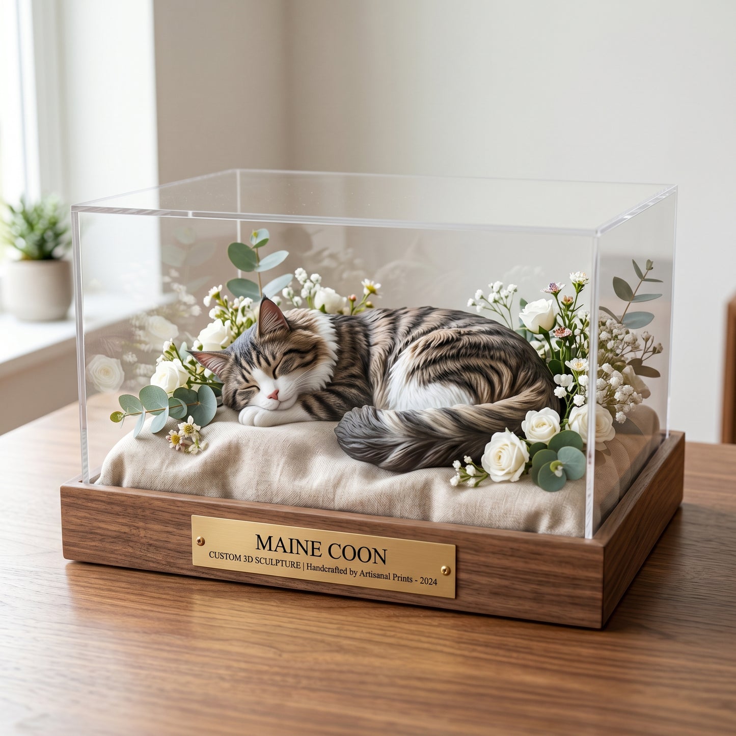 🐶🐱Custom 3D Printed Pet Memorial Sculpture in Acrylic Display Box 🎁|Personalized Sleeping Dog/Cat Keepsake with Floral Arrangement & Engraved Nameplate.Thoughtful Pet Sympathy Gift-8SA8