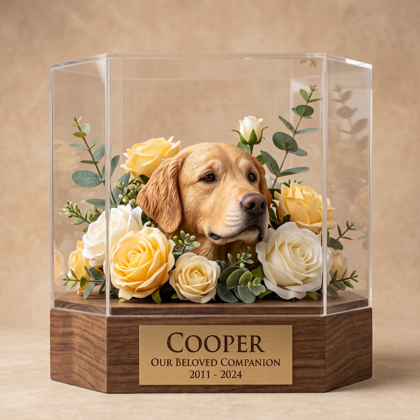 🐶🐱Custom 3D Printed Pet Memorial Sculpture in Acrylic Display Box 🎁|Personalized Sleeping Dog/Cat Keepsake with Floral Arrangement & Engraved Nameplate.Thoughtful Pet Sympathy Gift-8SA8