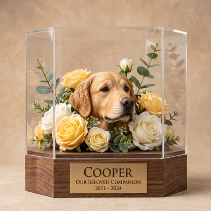 🐶🐱Custom 3D Printed Pet Memorial Sculpture in Acrylic Display Box 🎁|Personalized Sleeping Dog/Cat Keepsake with Floral Arrangement & Engraved Nameplate.Thoughtful Pet Sympathy Gift-8SA8