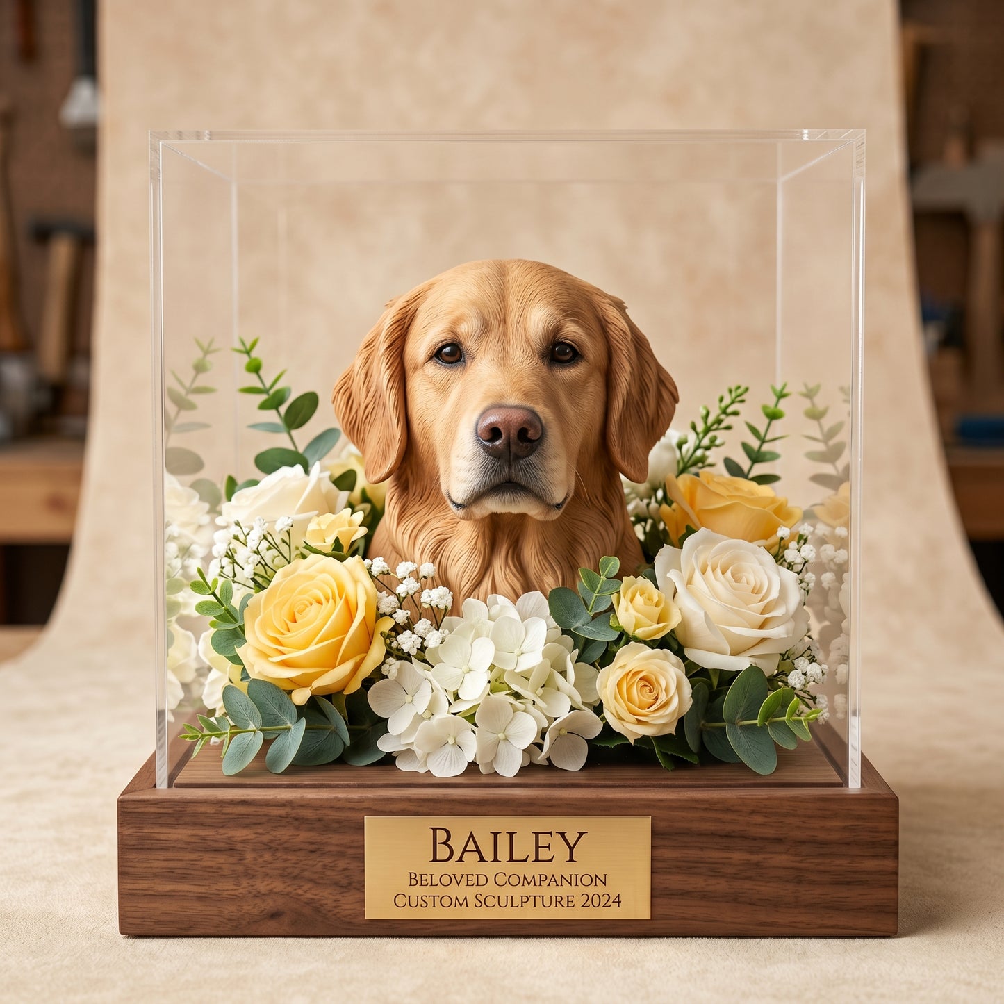 🐶🐱Custom 3D Printed Pet Memorial Sculpture in Acrylic Display Box 🎁|Personalized Sleeping Dog/Cat Keepsake with Floral Arrangement & Engraved Nameplate.Thoughtful Pet Sympathy Gift-8SA8