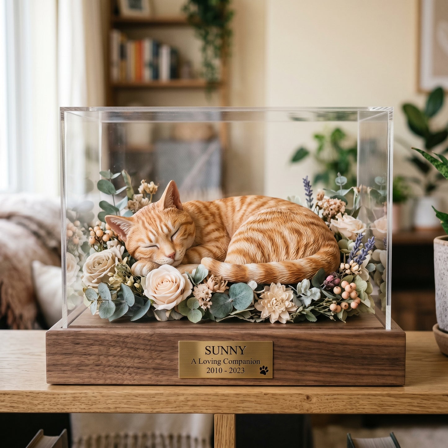 🐶🐱Custom 3D Printed Pet Memorial Sculpture in Acrylic Display Box 🎁|Personalized Sleeping Dog/Cat Keepsake with Floral Arrangement & Engraved Nameplate.Thoughtful Pet Sympathy Gift-8SA8