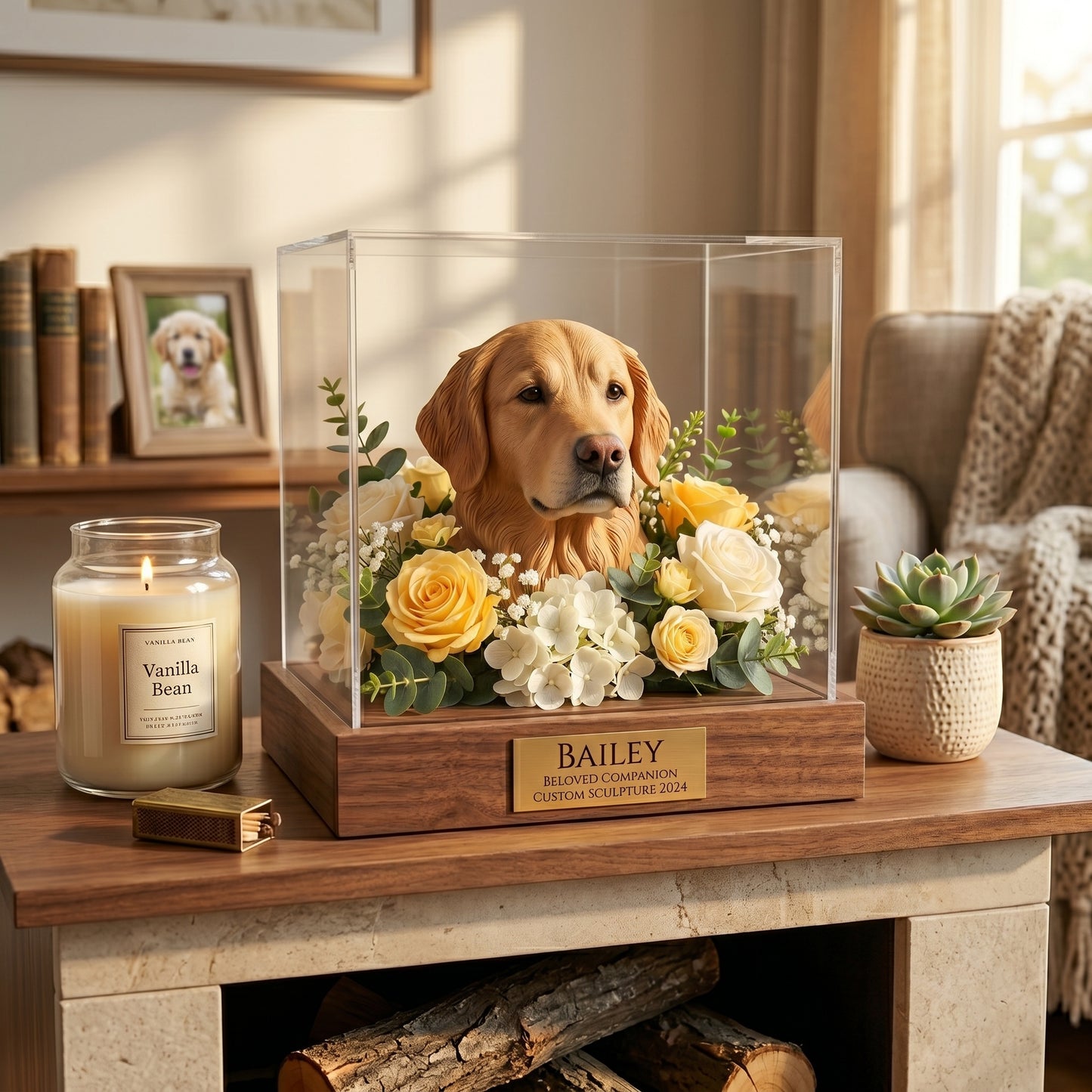 🐶🐱Custom 3D Printed Pet Memorial Sculpture in Acrylic Display Box 🎁|Personalized Sleeping Dog/Cat Keepsake with Floral Arrangement & Engraved Nameplate.Thoughtful Pet Sympathy Gift-8SA8