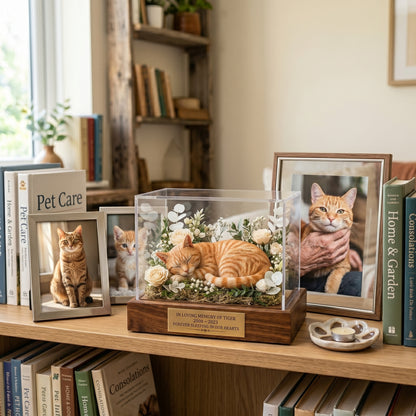 🐶🐱Custom 3D Printed Pet Memorial Sculpture in Acrylic Display Box 🎁|Personalized Sleeping Dog/Cat Keepsake with Floral Arrangement & Engraved Nameplate.Thoughtful Pet Sympathy Gift-8SA8