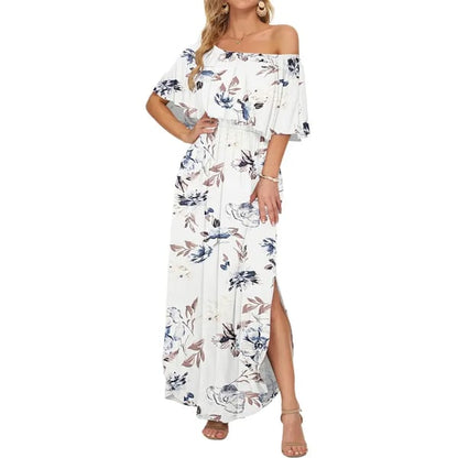 🔥 Last 48 Hours: Extra Discount + Free Shipping 🔥 Women's Off The Shoulder Dress-Summer Casual Long Ruffle Party Side Split Beach Maxi Dresses-8RH7