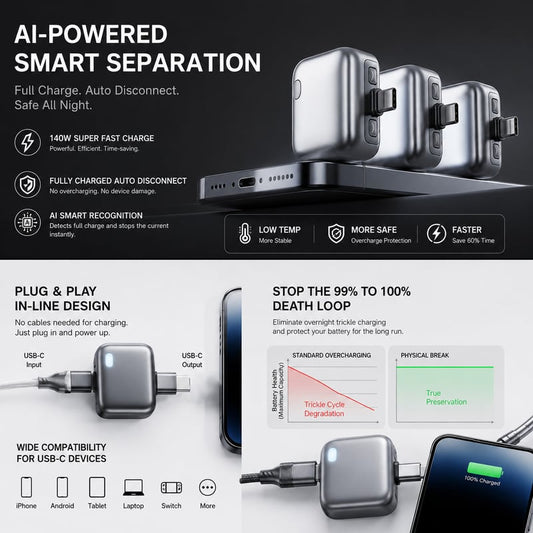📱🔥140W Physical-Disconnect Battery Guard, auto&self eject charger,Smart Auto-Stop Charging Accessory for Mobile Smartphones & Handheld Devices-8CR5