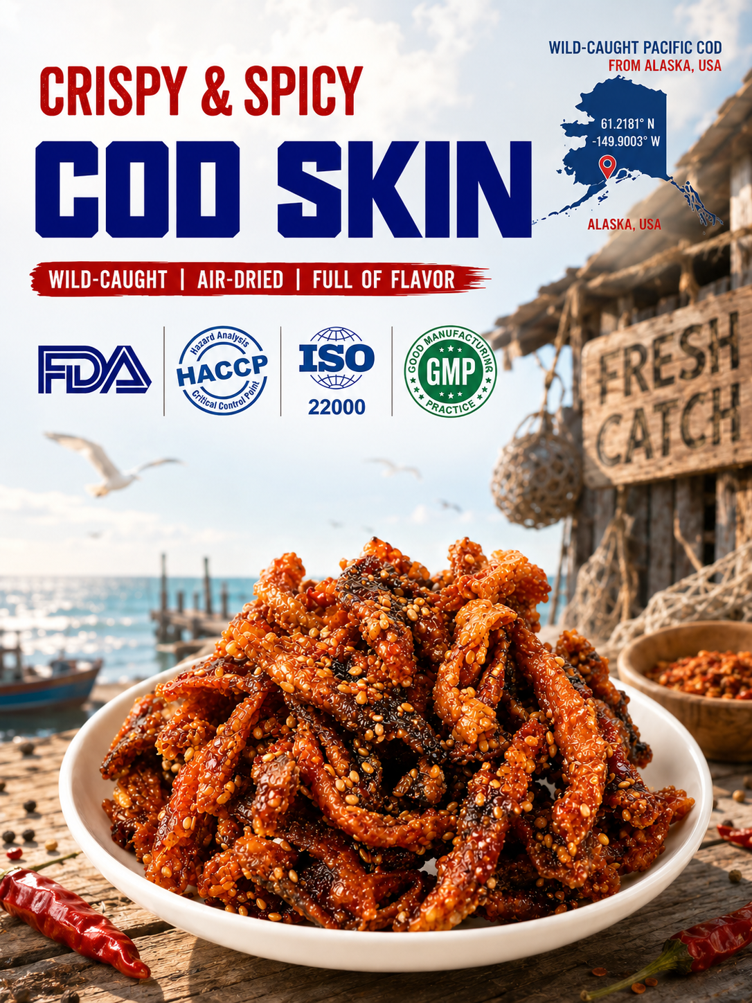 🌶️Premium Crispy Spicy Cod Skin Snack | Crunchy Seafood Chips-Ray